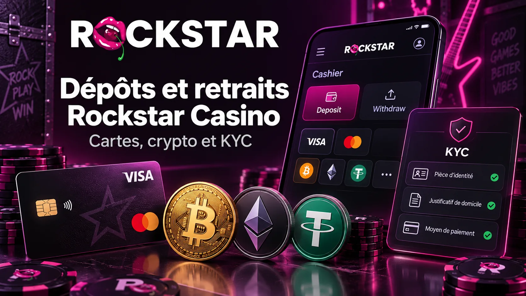 Dépôts et retraits par carte, cryptomonnaies et vérification KYC